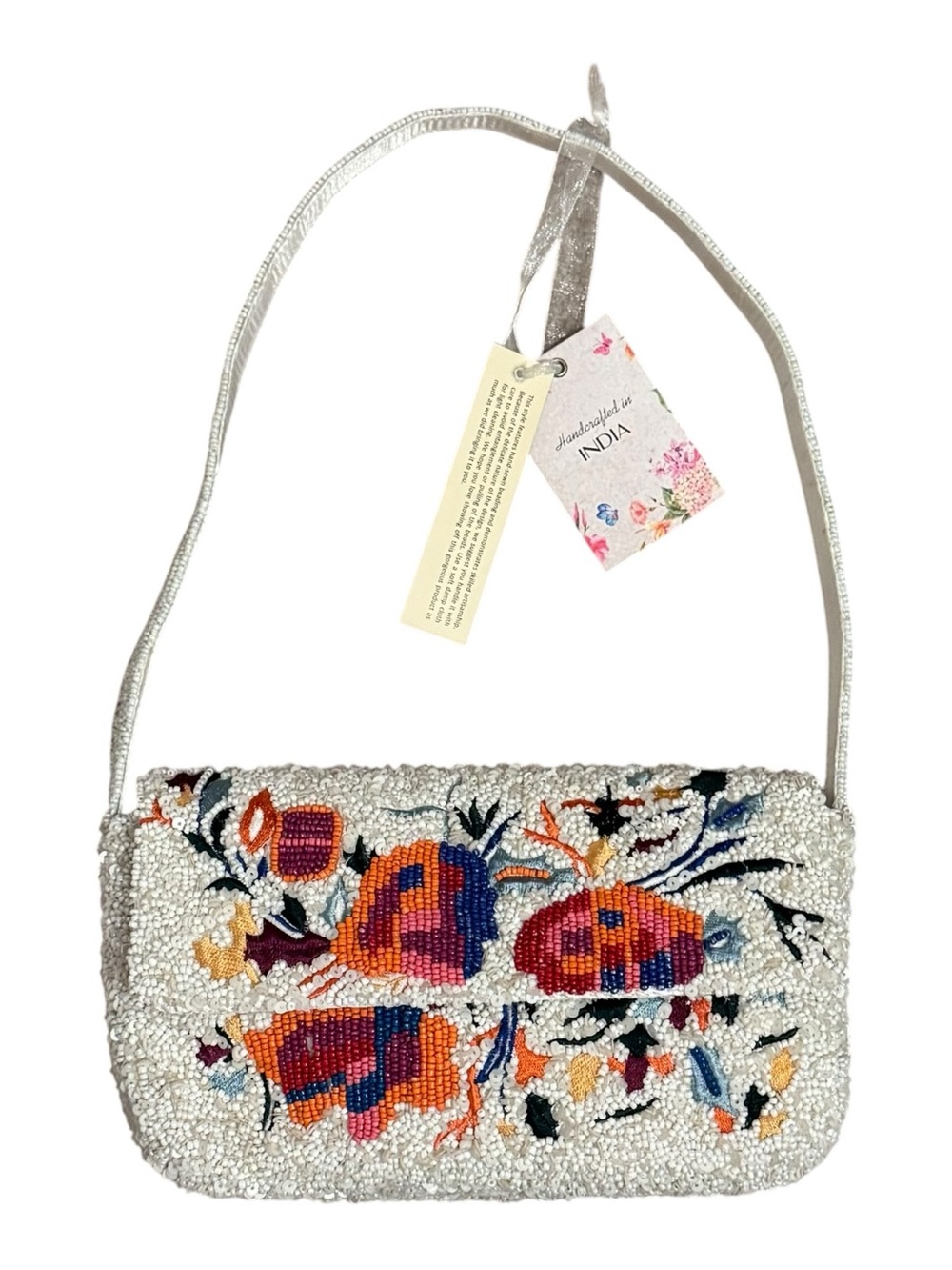 Unique Pattern! Handcrafted in India Viral Beaded Floral Shoulder Bag White NWT